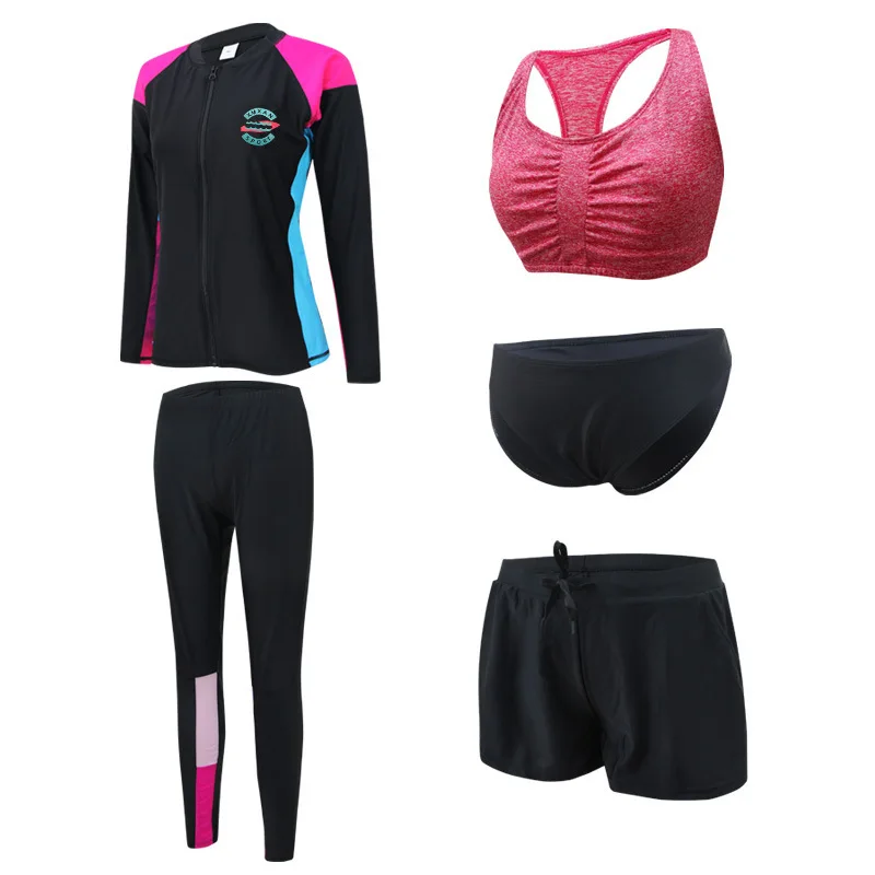

Plus Size Women's 5pcs set Rash Guard Tops & Bottoms Long Sleeve Bathing Suits UV Sun Protection Swim Shirt Leggings Men's 3pcs