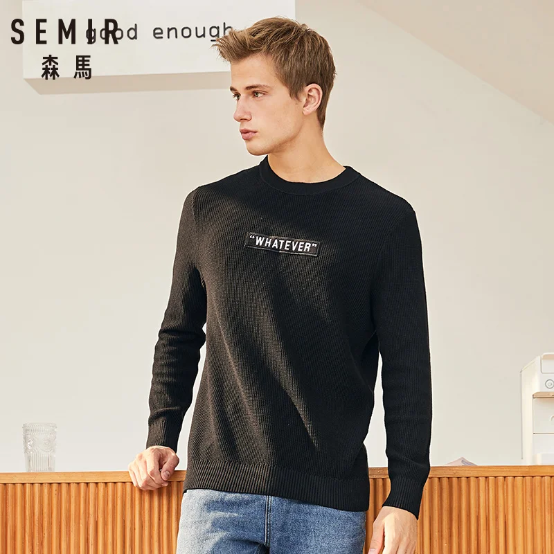 Мужской деловой свитер SEMIR черный с круглым вырезом и надписью в Корейском стиле