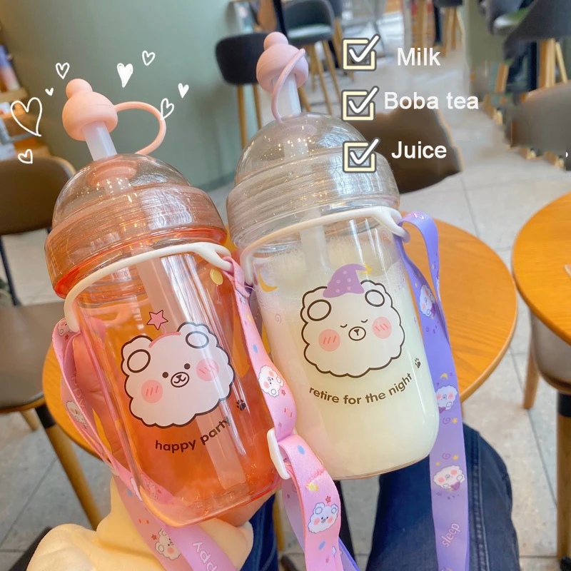 

Kawaii Bubble Milk Tea Water Bottle With Straw Strap For Girls Kids Cute Plastic Portable Juice Boba Drink Cups BPA Free 560ml