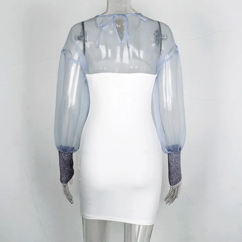 

Mesh Drop Shoulder Glitter Lantern Long Sleeve Mini Party Dress Women Sexy 2020 Spring Autumn Designer Patchwork Mini Dresses