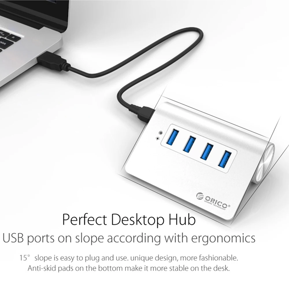 USB хаб ORICO в алюминиевом корпусе с 4 портами и кабелем для передачи данных|aluminium