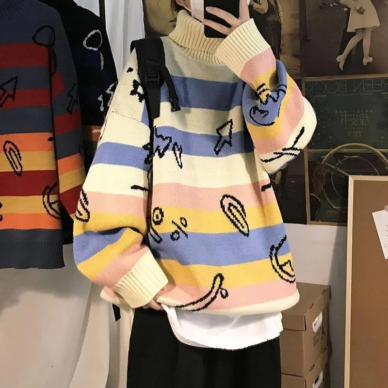 

Deeptown Korean Style Striped Print Sweater Women Preppy Fashion Oversize Knitted Jumper Kawaii Fall Winter Long Sleeve Pullover