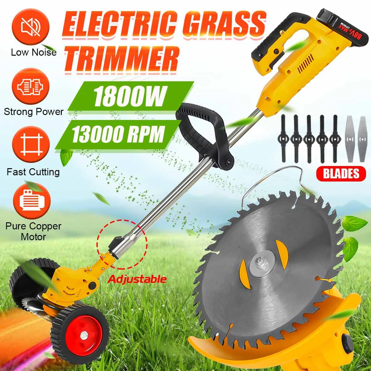 

1800W 88VF Electric Lawn Mower 10000mAh Li-ion Battery Cordless Grass Trimmer Pruning Garden Tools Rechargeable With 2 Batteries