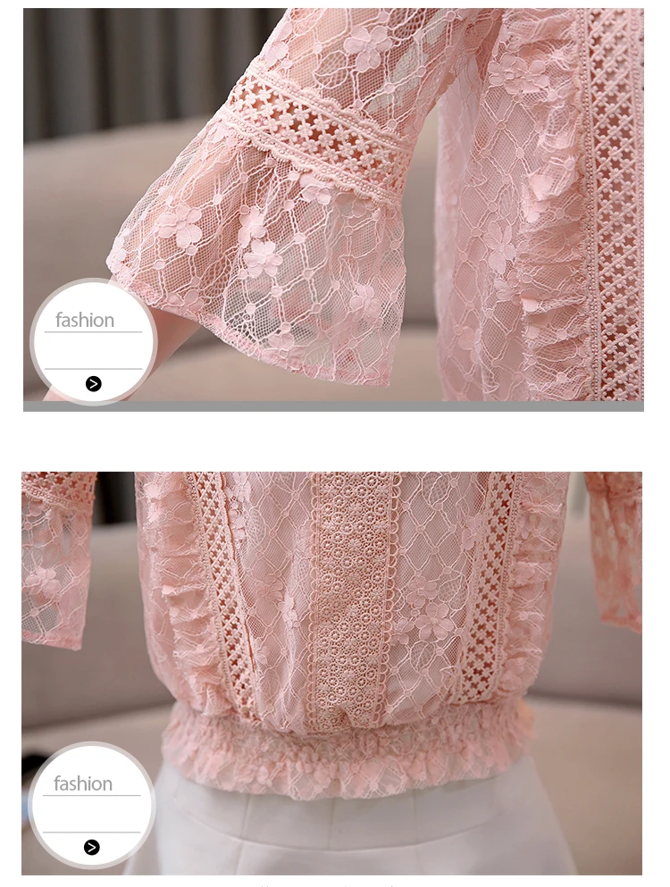 

New Women Summer 2020 Women's Clothing Hollowed Out Print Ruffle Lace Seven-quarter sleeve Blouses Shirt Sexy Female 809F6