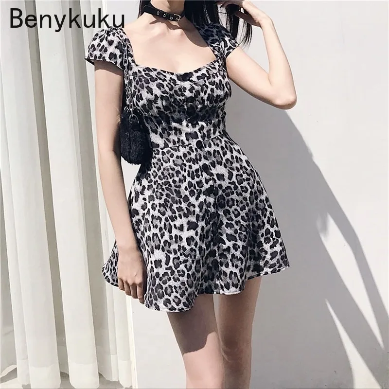 

Leopard Print Harajuku Punk Mini Dress Club Birthday Outfits for Women Square Neck Short Sleeve Sexy Summer Girl Gothic Dresses