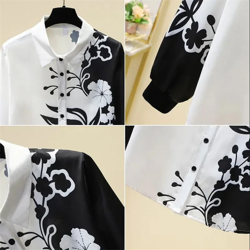 Black White Printing Imitation Silk shirt Ladies Spring New Shirt Mulberry OL Top Floral Print Basic Blouses Female |