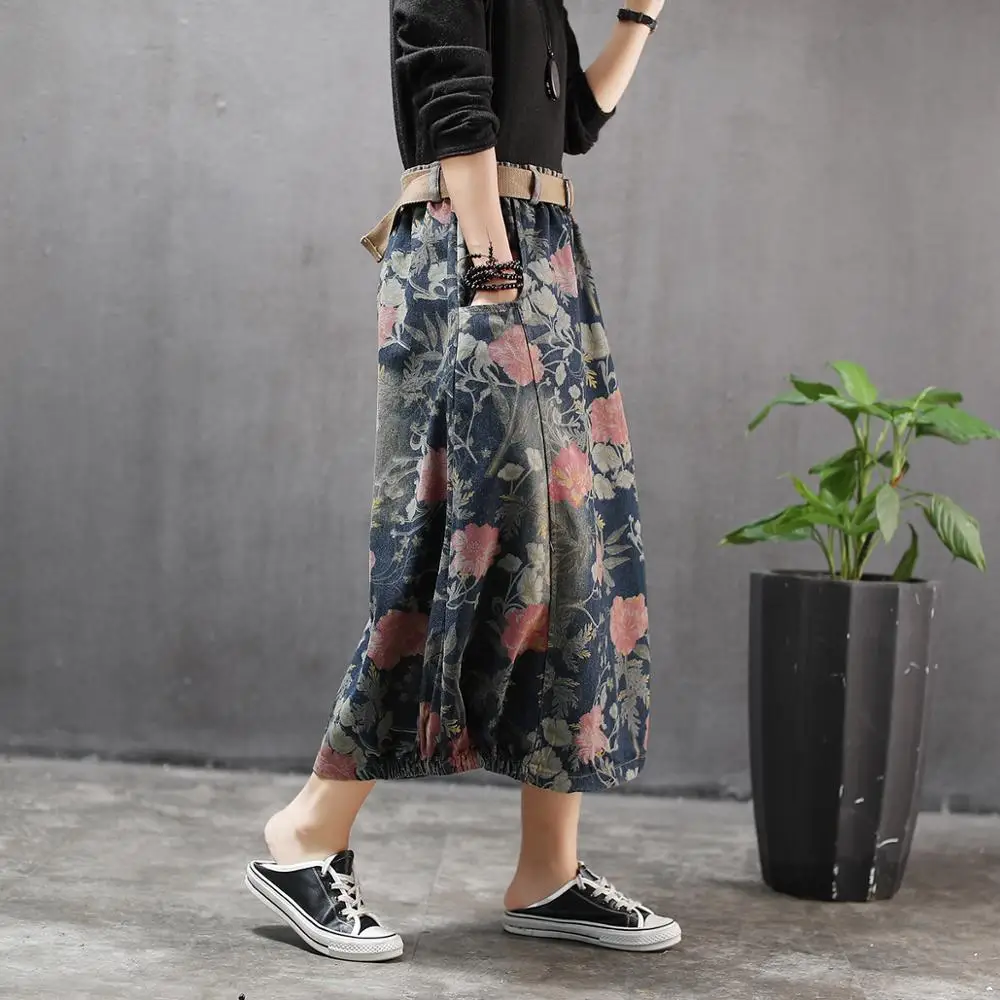 2020 джинсовая юбка литературная Ретро Печать пояс эластичный деним стрейч талии