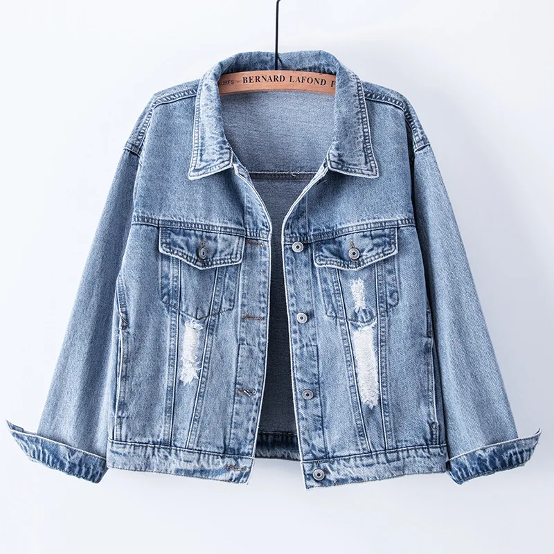 Женская свободная короткая рваная джинсовая куртка для студенток в Корейском