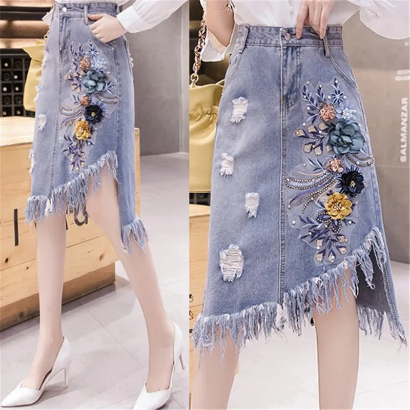 

Women's summer sequin embroidery stitching denim skirt high waist sexy blue bag hip mini fashion beaded tassel Jupe Femme 2020
