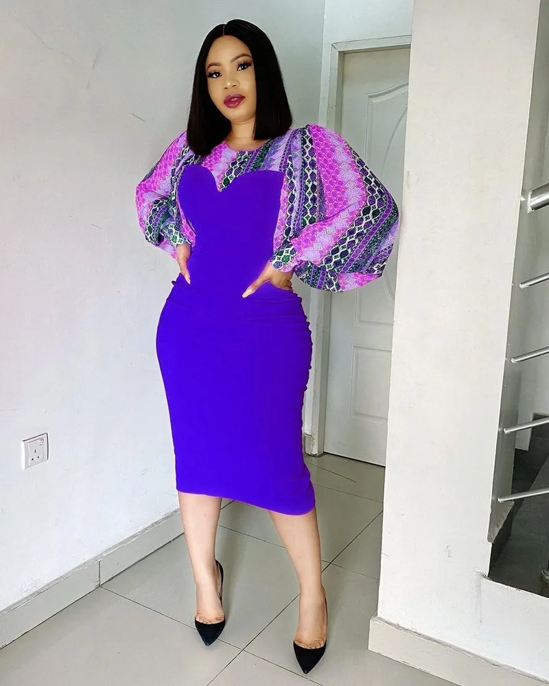 Женское узкое платье с круглым вырезом в стиле пэчворк длинными рукавами средней