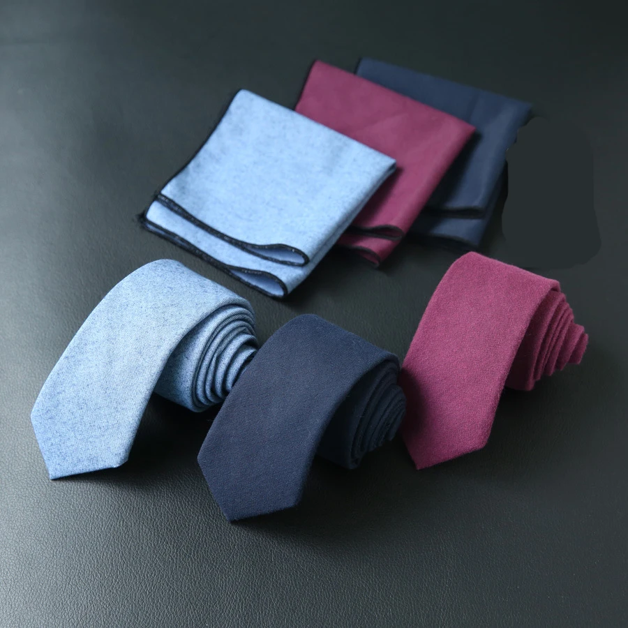 

6cm Mens Skinny Neckties+Pocket Square Set for Man Business Blue Wine Red Cotton Neck Tie Handkerchief Set