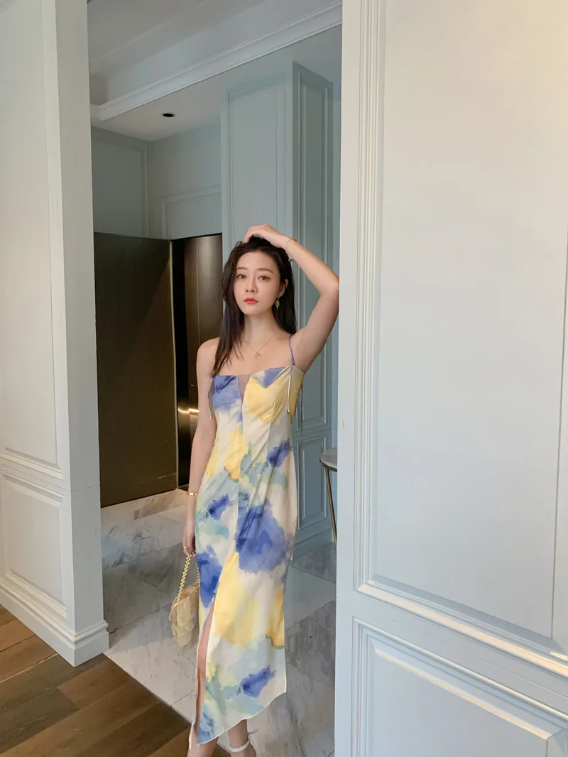 

Sanya Super Fairy Travel Holiday French Style Retro Design Niche Tie-Dyed Fabric Strap Dress Backless Dress