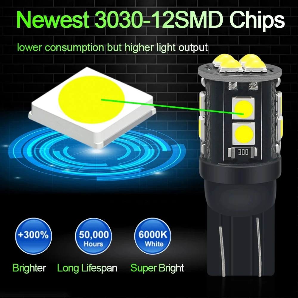 OKEEN 1/2/10 Pcs Car LED Bulbs T10 W5W 12SMD 3030 Canbus Auto Error Free Turn Signal Light License Plate Lights Interior Reading - купить по