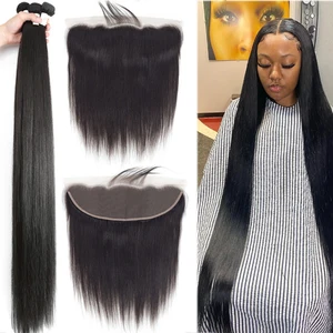 Прямые малазийские человеческие волосы в пучках с прозрачной фронтальной лентой от уха до уха 13X4, фронтальная лента с натуральными волосами