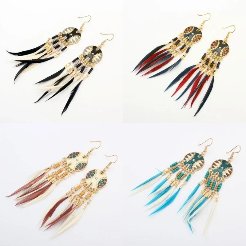 Модные женские богемные Висячие винтажные длинные серьги с перьями для девушек и