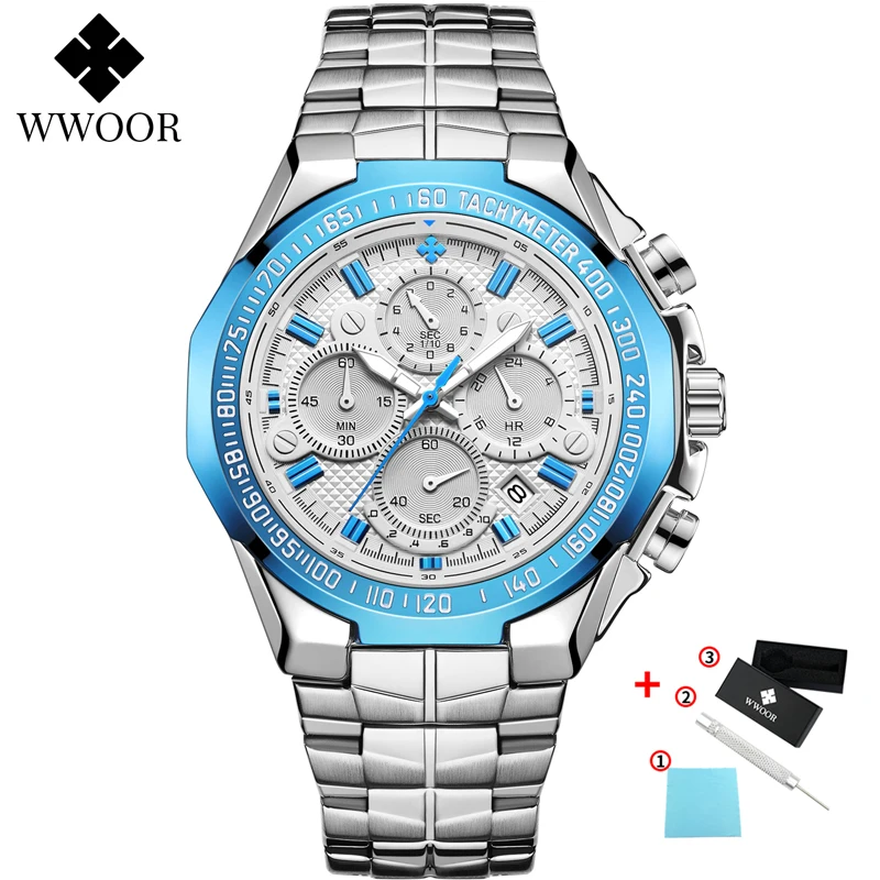 White Blue Мужские кварцевые часы, мужские, Топ бренд, роскошные WWOOR, золотой хронограф, большой циферблат, повседневные спортивные водонепроницаемые наручные часы - Цвет: White Blue