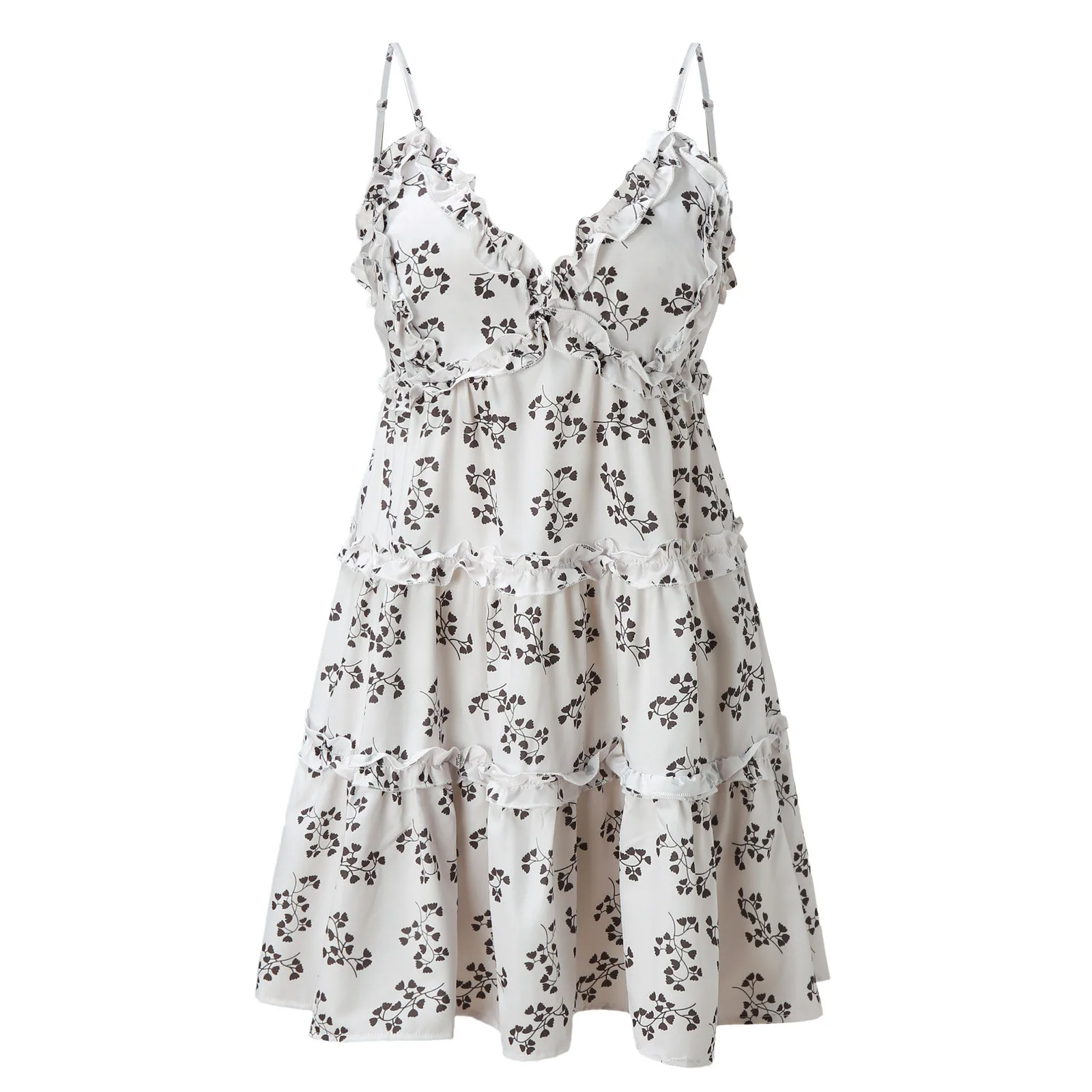 

Party Summer Dress Women Casual V-neck Ruffle Back Printing Slim Caim Sleeveless Dress Sexy Dress Vetement Femme 2021#G