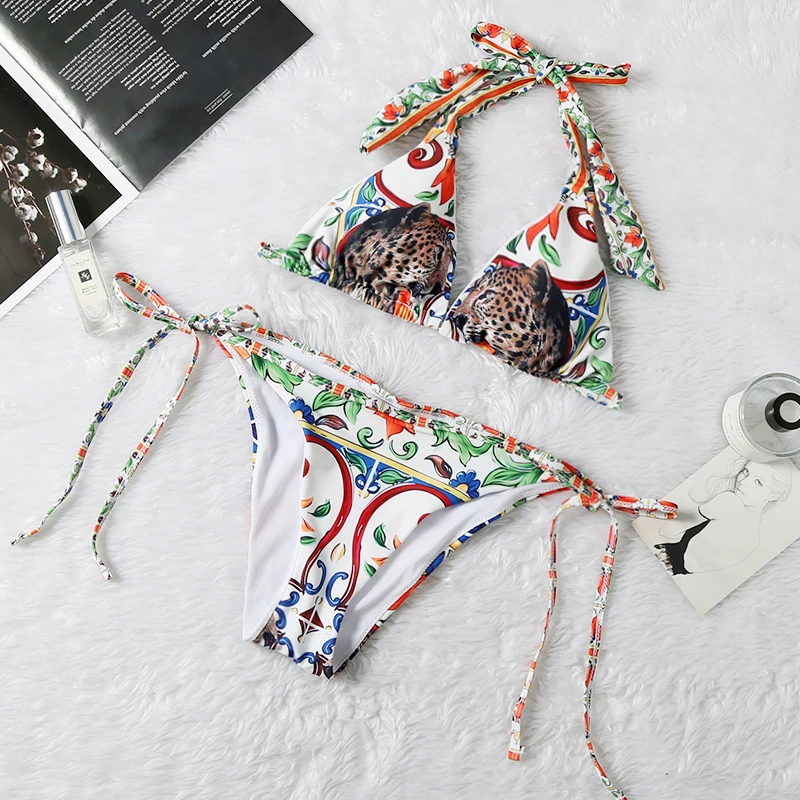 

Designer Animal Painted Pottery Print Sexy Triangle Bikini Set Women's Summer Beach Wear Bathers Bathing Suit Swimwear