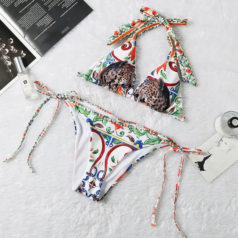 Фото Купальник женский дизайнерский треугольный бикини с животным принтом пляжная