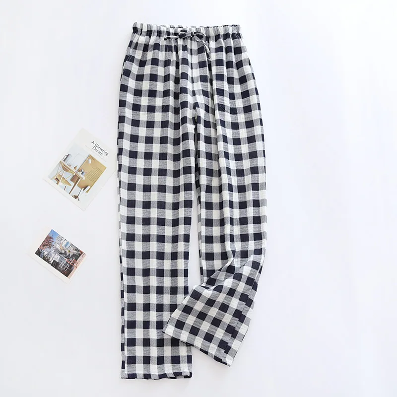 

Men Spring and Summer Cotton Crepe Long Pants Female Trousers Grid Pattern Home Living Wear