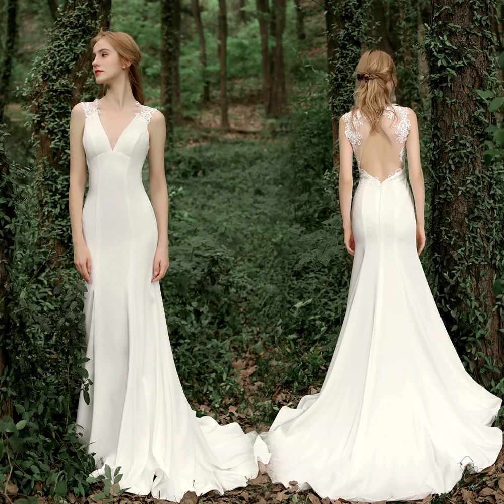 

Customed Sexy Open Back Mermaid Long Wedding Dress 2021 Satin Vestido De Noiva Top Lace Beads Bohemian Bride Gowns