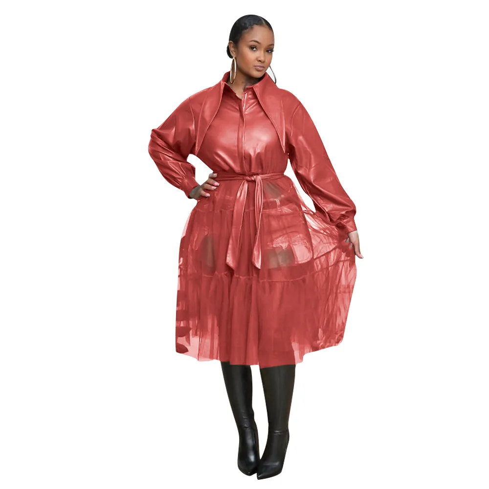 

4 Solid Color PVC Long Sleeves Unique Collar Sashes Zipper Women Leather Coat with Mesh Pleated Dress One Piece Set
