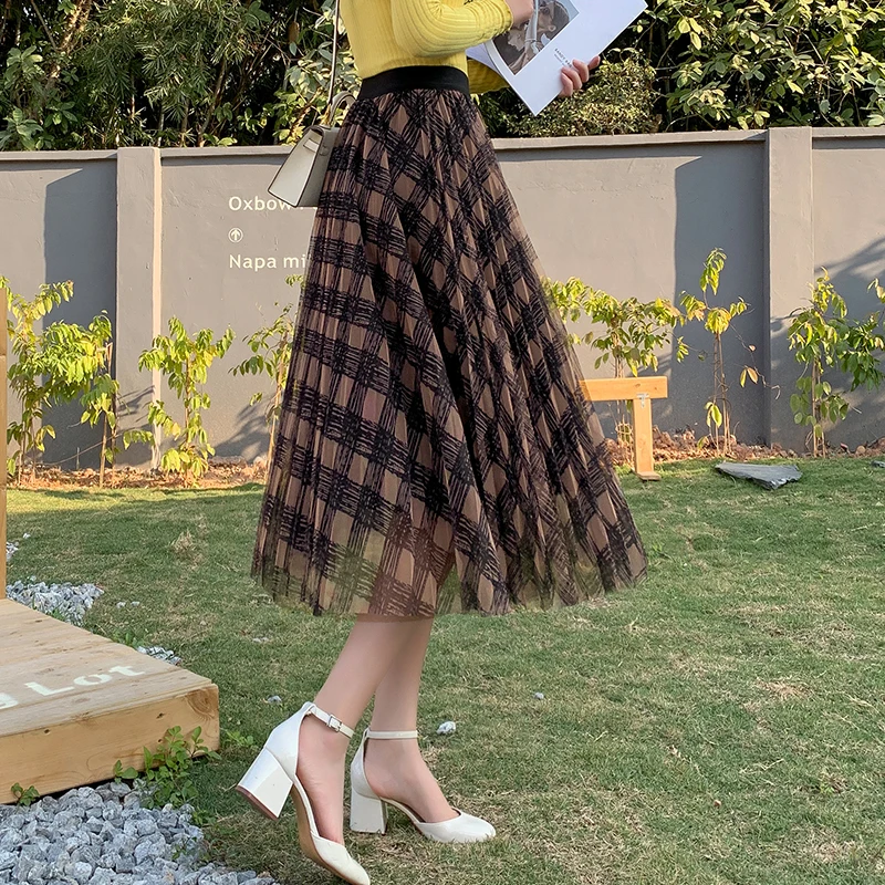 

2021 Pleated Skirts New Spring Summer Elegant High Waist Mesh Plaid Printed Elastic Waist Midi Skirts