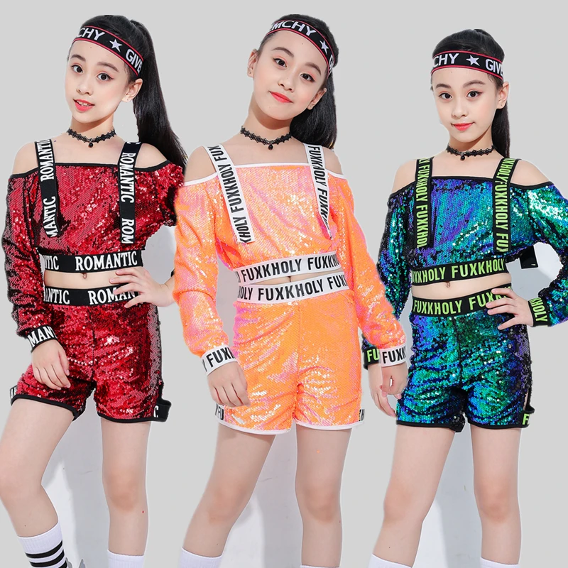 

2021 New Jazz Dance Costumes Sequined Shirt Shorts Girls Hip Hop Clothing Cheerleading Dancing Outfit Children Stage Show Wear