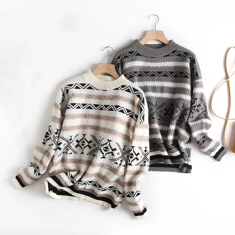 

Pullovers Women Retro Lantern Sleeve Chic Loose Regular College Girls Sweaters Trendy Korean Simple O-Neck Femme Knitwear Preppy