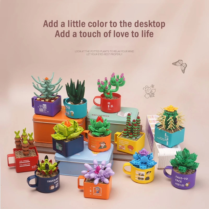

MOC суккулент в горшке кактус Роза цветок растение строительный блок чашка DIY декоративная модель сборные игрушки для детей подарок