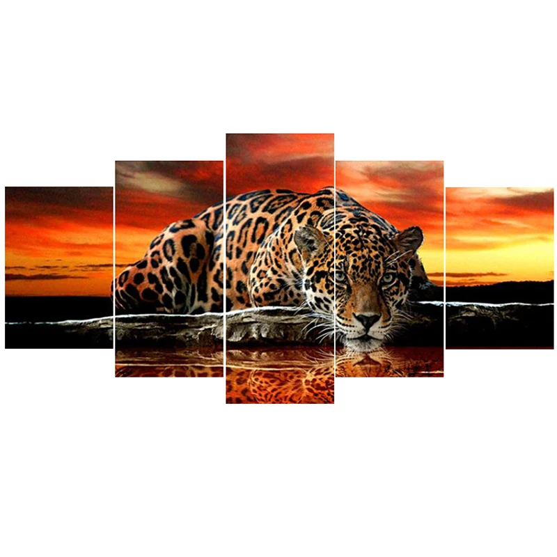 

Full 5D Diy Daimond Painting Cross-stitch Sunset Leopard Multi-picture Combination Round Rhinestone Painting Embroidery Animals