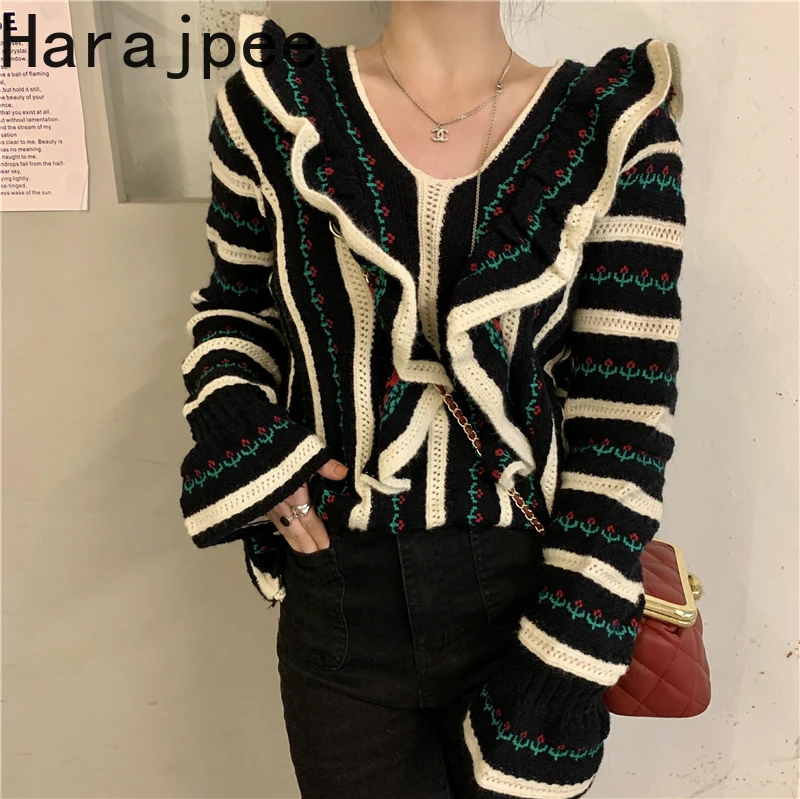 

Harajpee V-Neck Long Sleeve Knitted Top Women's 2021 New Color Contrast Vertical Stripe Fungus Edge Pullover Women's Sweater