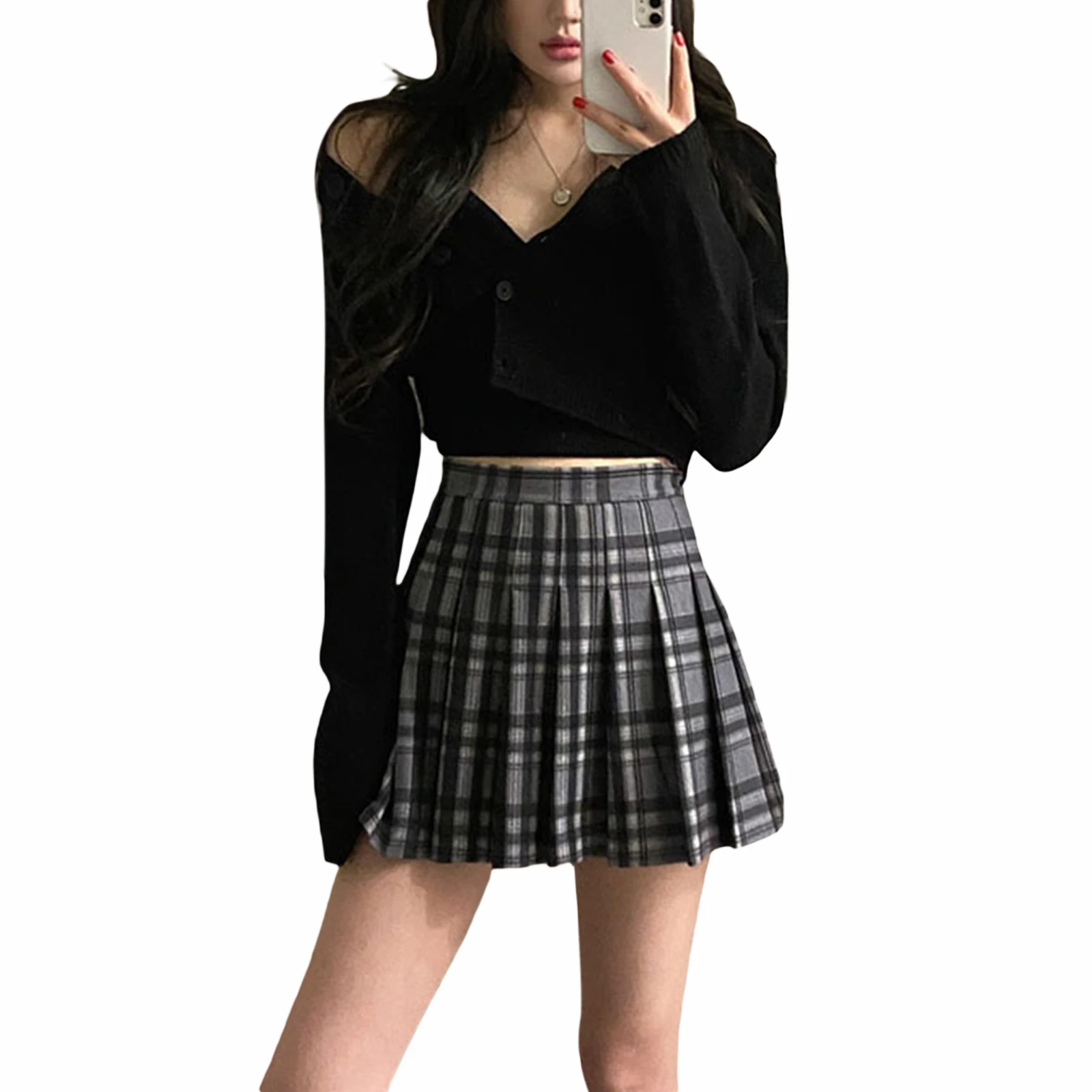 

Women Plaid Pleated Skirt Casual Style High Waisted Color Block Skirt