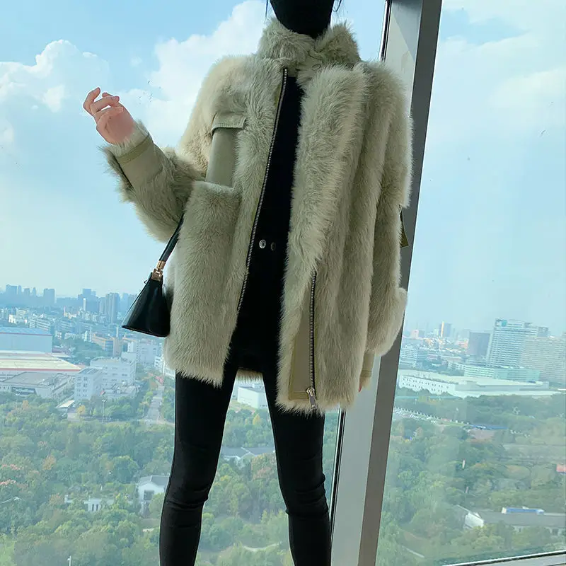 

Women Clothing Winter Faux Fur One Locomotive Clothing Fashion Faux Granule Sheep Shearing Fur Lamb Pike Coat