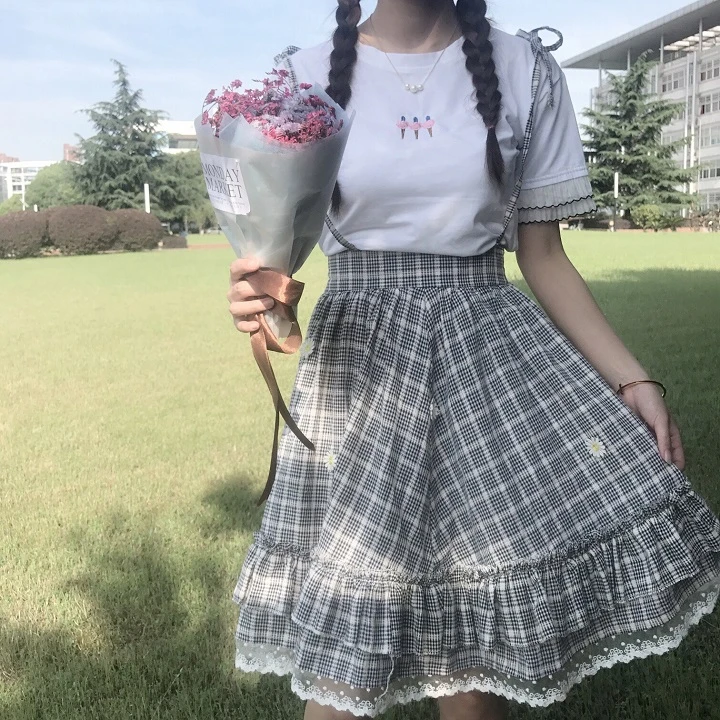 Kawaii Лолита юбка японский стиль 90 подростков мягкая Сестра Дейзи аппликации кружева лоскутное рюшами Сарафан в клетку юбки