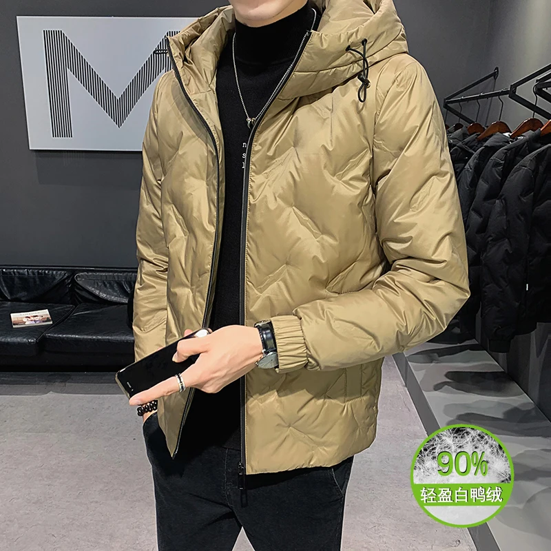 Fashion Mens Winter Solid Color White Duck Down Jacket Casual Thick Warm Hooded Down Coat Outerwear Top Parkas Oversized Clothes