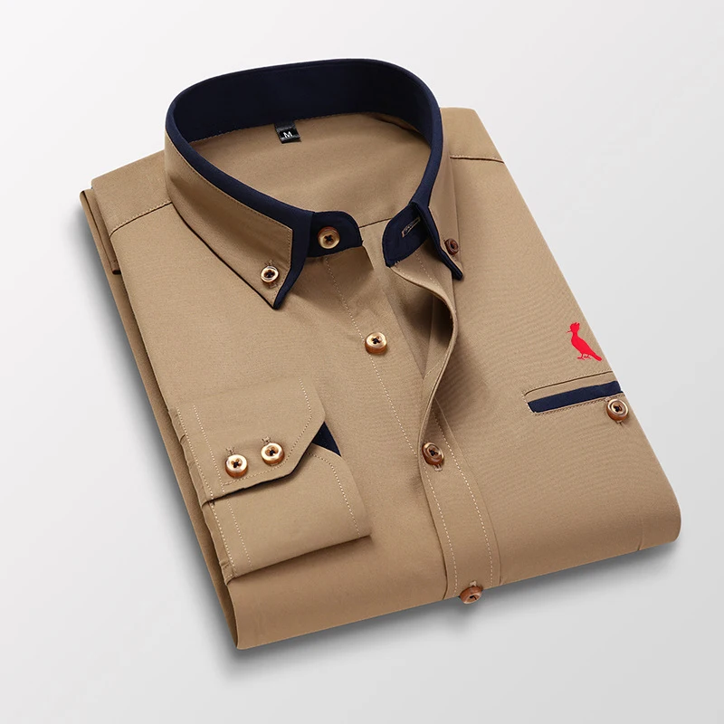 New  High Quality Men's Shirt Long Sleeve Twill Pure Color Striped Dress Business Office Casual Shirt