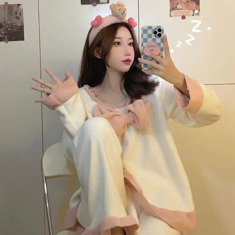 Winter 2021 Autumn New Sweet Bow Pajamas Women's Princess Set Two-piece Ins Pajama Sets Sleepwear Female Pijamas Nightgown Suit