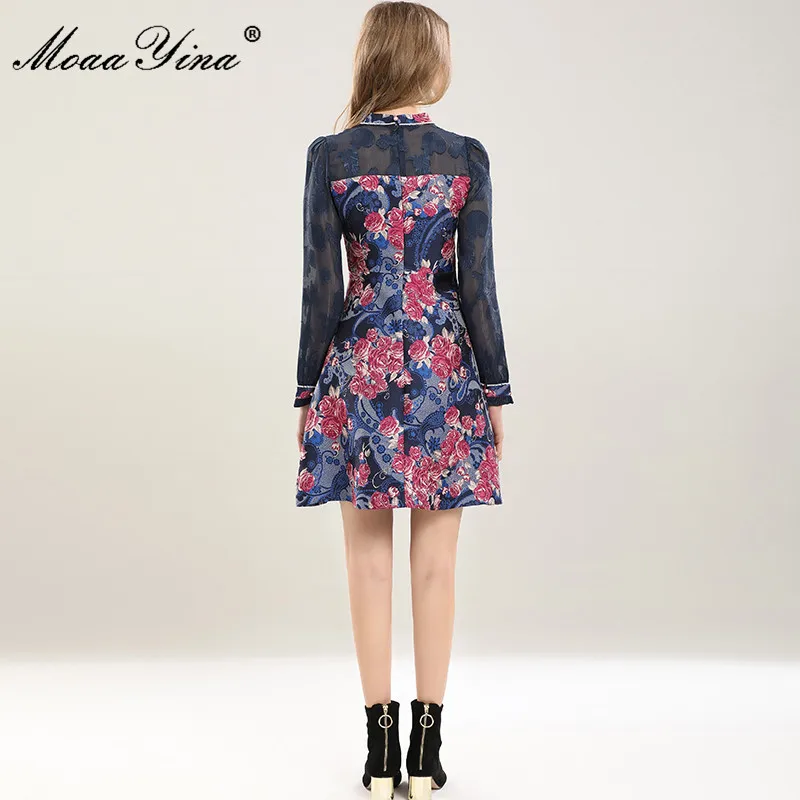 

MoaaYina Fashion Designer dress Summer Women's Dress Stand collar Beaded Long sleeve Rose Jacquard Dresses