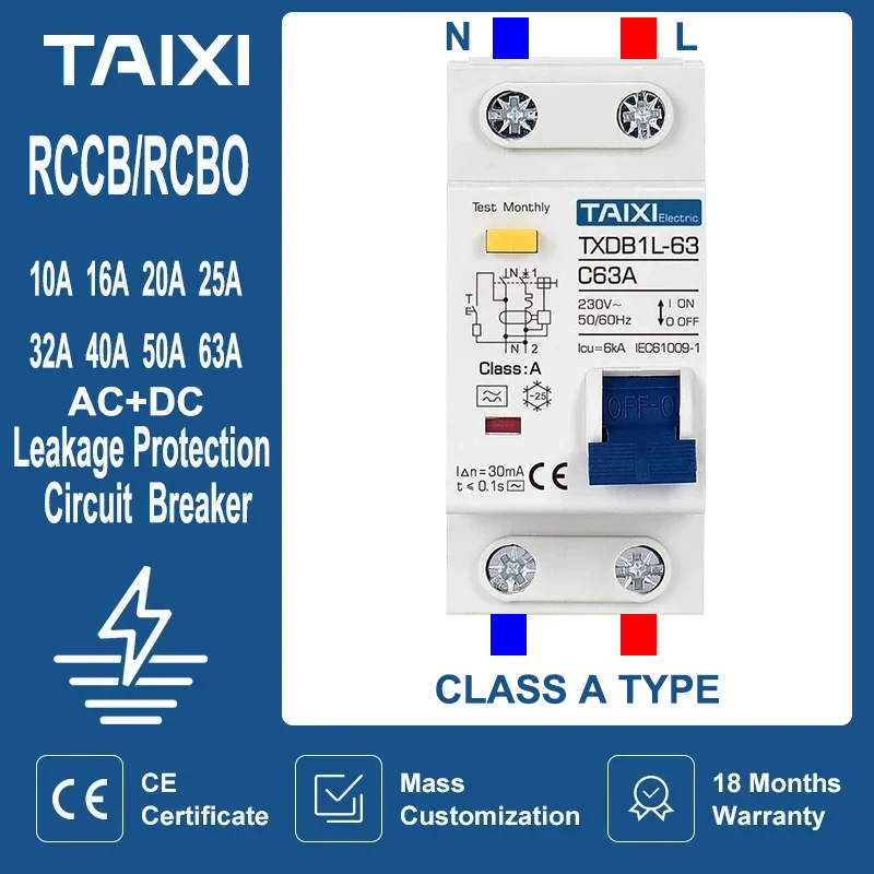 

Residual Current Circuit Breaker Type A RCCB MCB RCBO 1P+N 10A 16A 20A 32A 40A 63A Leakage 30MA Overload Protection TAIXI