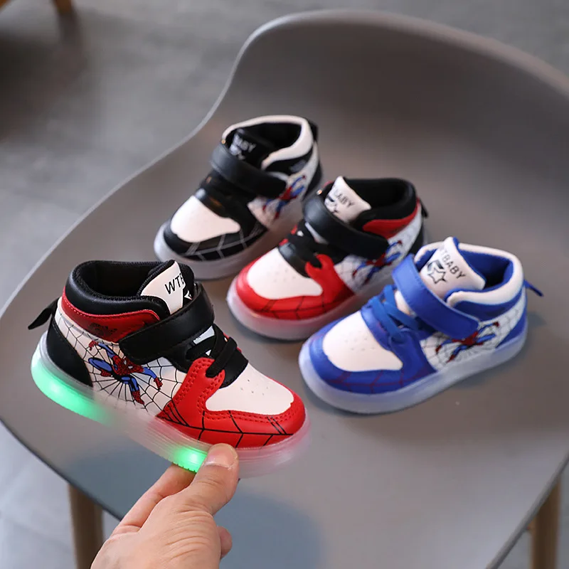 Disney Spiderman Kids Glowing Sneakers kids shoes boys girls Luminous Lighted Cartoon Boys LED Children Shoes | Детская одежда и