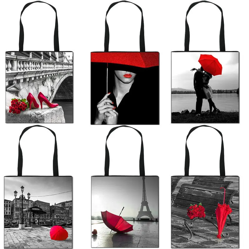 

Fashion Red & Black Series Rose Embroidery Print Handle Bag Portable Casual Shopping Bag Large Capacity Shoulder Bag For Travel