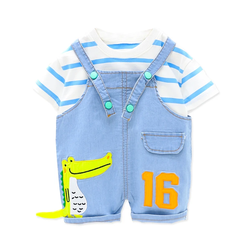 

Summer Baby Boys Girls Clothing Sets Toddler Infant Casual Clothes Stripe T Shirt Denim Overalls Cartoon Dinosaur Kids Clothes