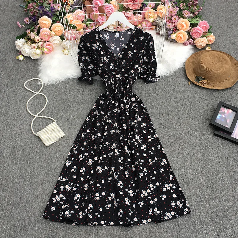 

Short Sleeve Button Up Dresses Korean Summer V Neck A Line Slim Shirt Dress Floral Print Mid-calf Dress Women Beach Vestidos