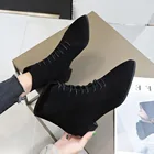 2020 осенние женские ботильоны с острым носком флоковые ботинки на шнуровке на плоской подошве женские ботинки на низком каблуке черные женские ботинки весна 8702N