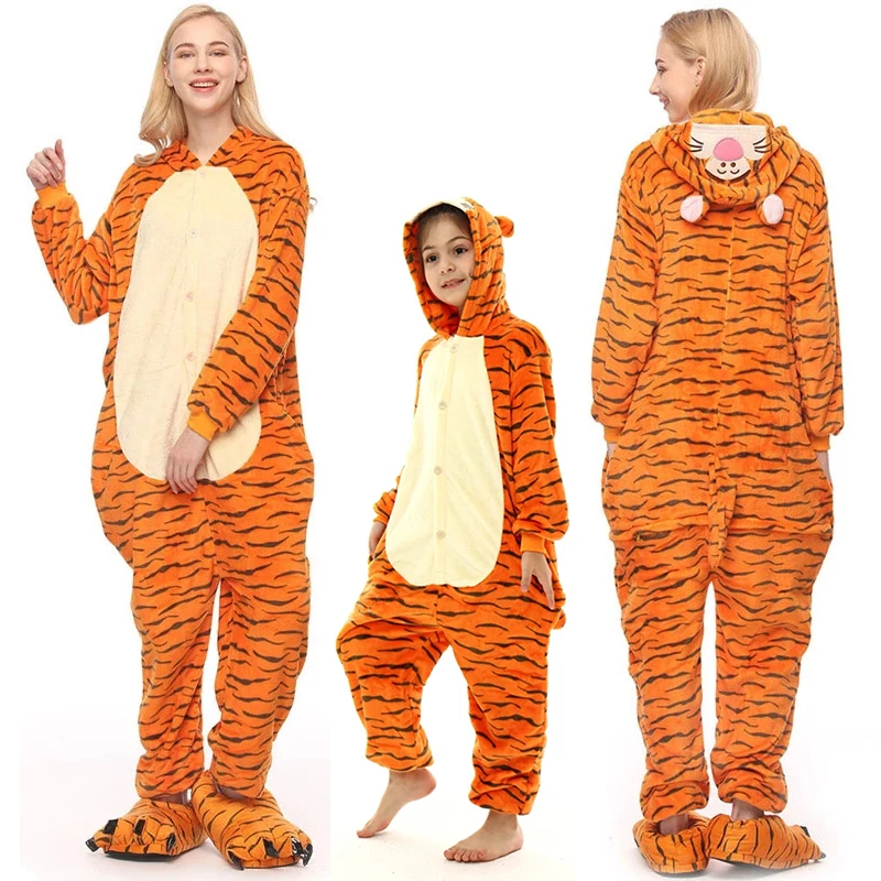 Women Men One Piece Pajamas Kigurumi Hoodie Jumpsuit Halloween Tiger Onesie Unisex Adult Kids Family Party Animals Tiger Costume