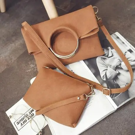 Fashion new 2 pcs Women Handbags High-quality Matte PU Leather Women bag Open Metal Ring Envelopes Portable Shoulder bag - Цвет: Brown