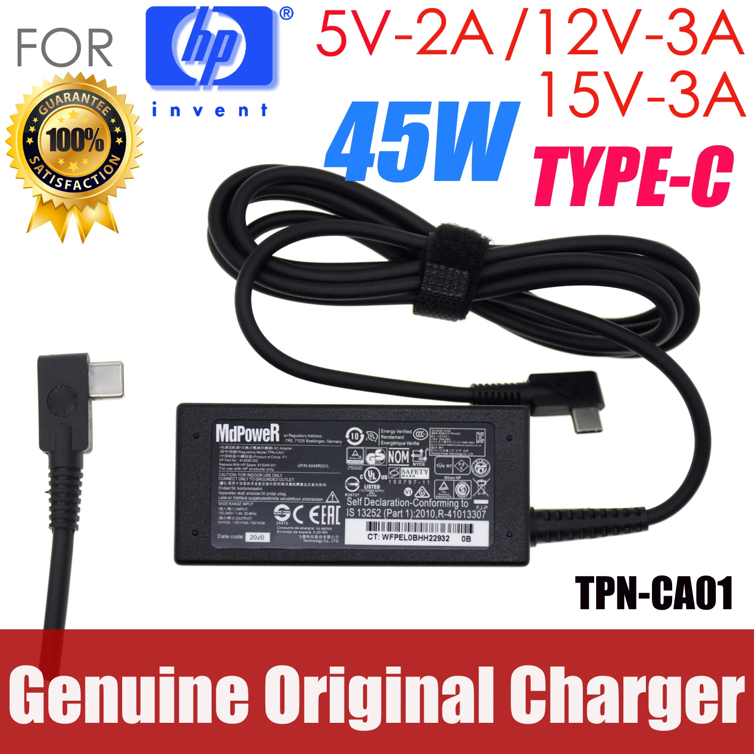 

Original 45W TYPE-C TPN-CA01 15V 3A FOR HP TPN-CA02 spectre 13 Elite x2 1012 G1 G2 Pavilion 12-b000 laptop AC adapter 814838-002