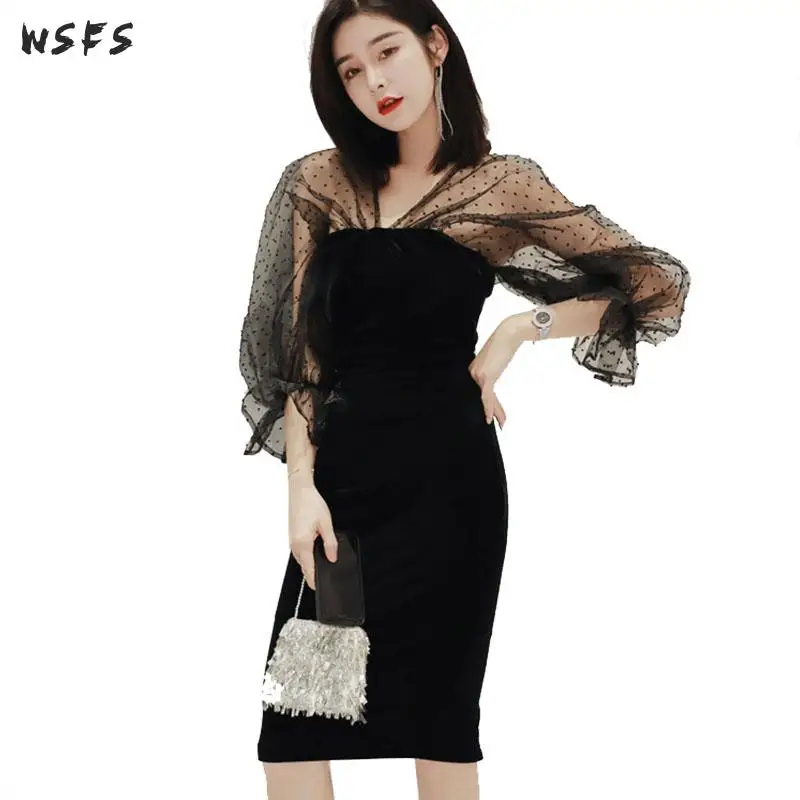 Черное Сетчатое платье в горошек с V образным вырезом буффами на рукавах низким