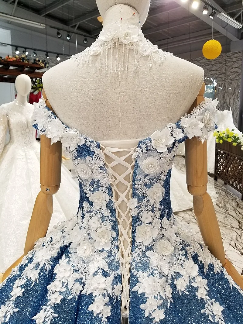 AnXin SH Luxury princess white rose flower blue lace beading pearls illusion boat neck glaring wedding dress 100% real photo